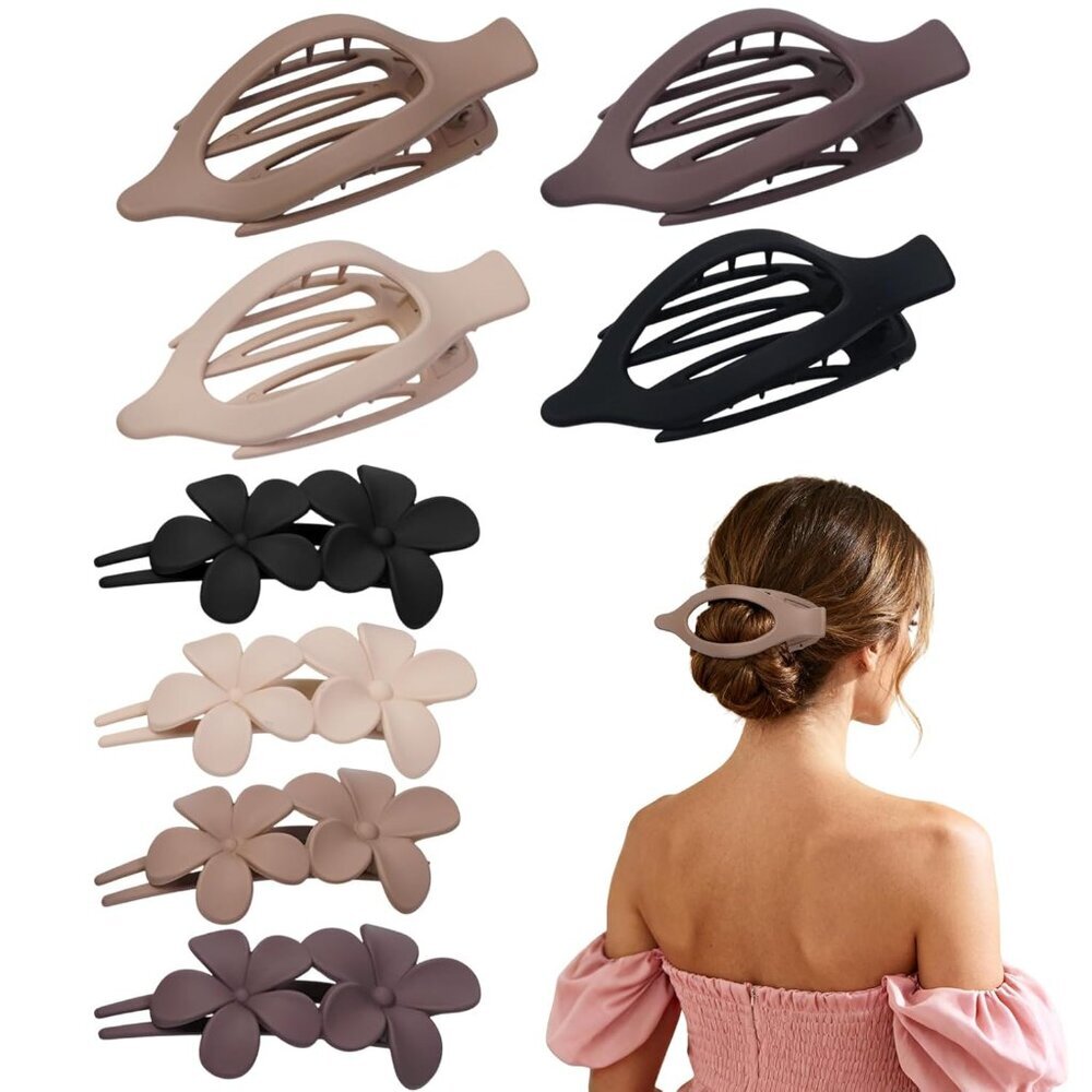 8 Pack Flat Hair Clips for Women – Matte Neutral Claw Clips & Flower Hair Pins B